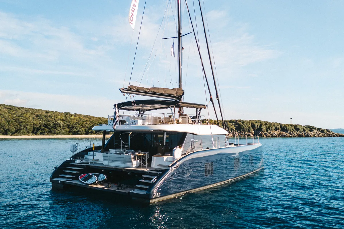 Exterior view of MyMaria, a Sunreef Yachts Sunreef 60 catamaran at Municipal Unit of Lefkada, Greece
