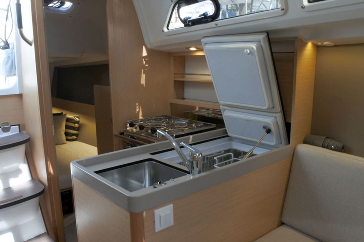 Galley of TEMPUS II BCN OC30.1, a Beneteau Oceanis 30.1 sailboat at Barcelona, Spain