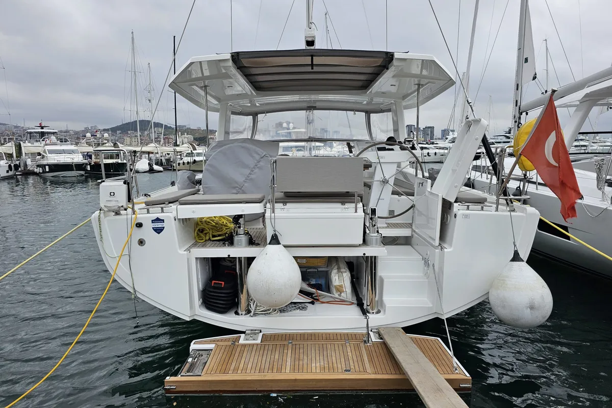 Exterior view of MiR, a Hanse Yachts Hanse 548 sailboat at Fethiye, Turkey