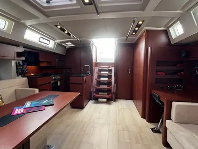 Salon of MiR, a Hanse Yachts Hanse 548 sailboat at Fethiye, Turkey