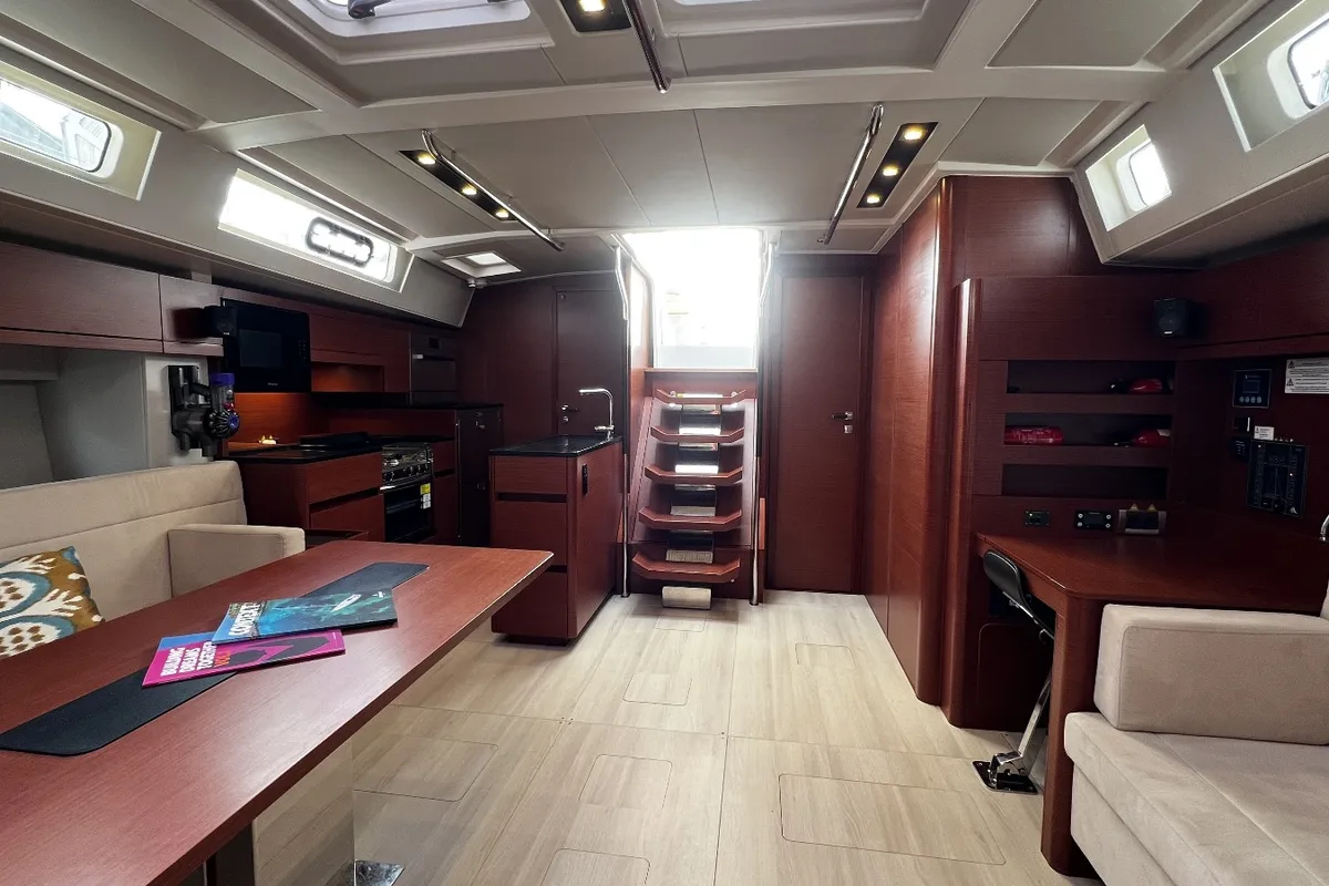 Salon of MiR, a Hanse Yachts Hanse 548 sailboat at Fethiye, Turkey