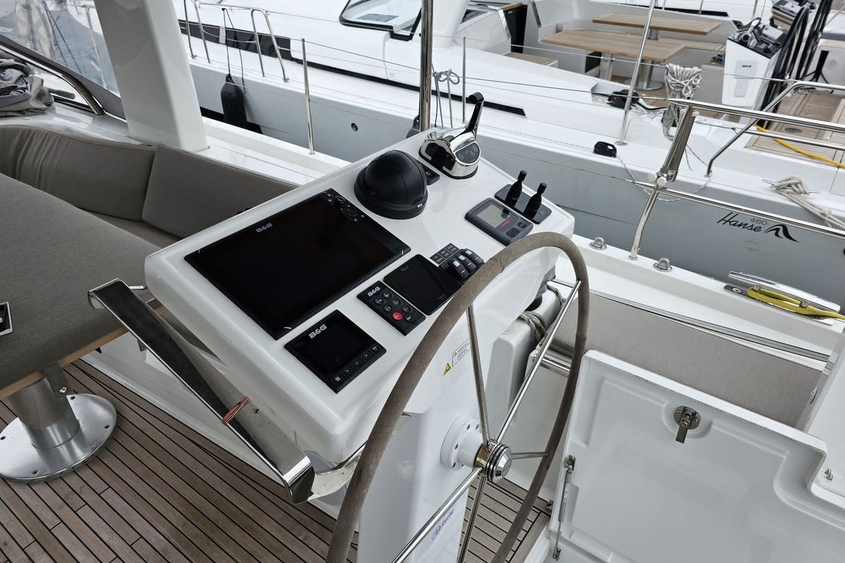 Cockpit of MiR, a Hanse Yachts Hanse 548 sailboat at Fethiye, Turkey
