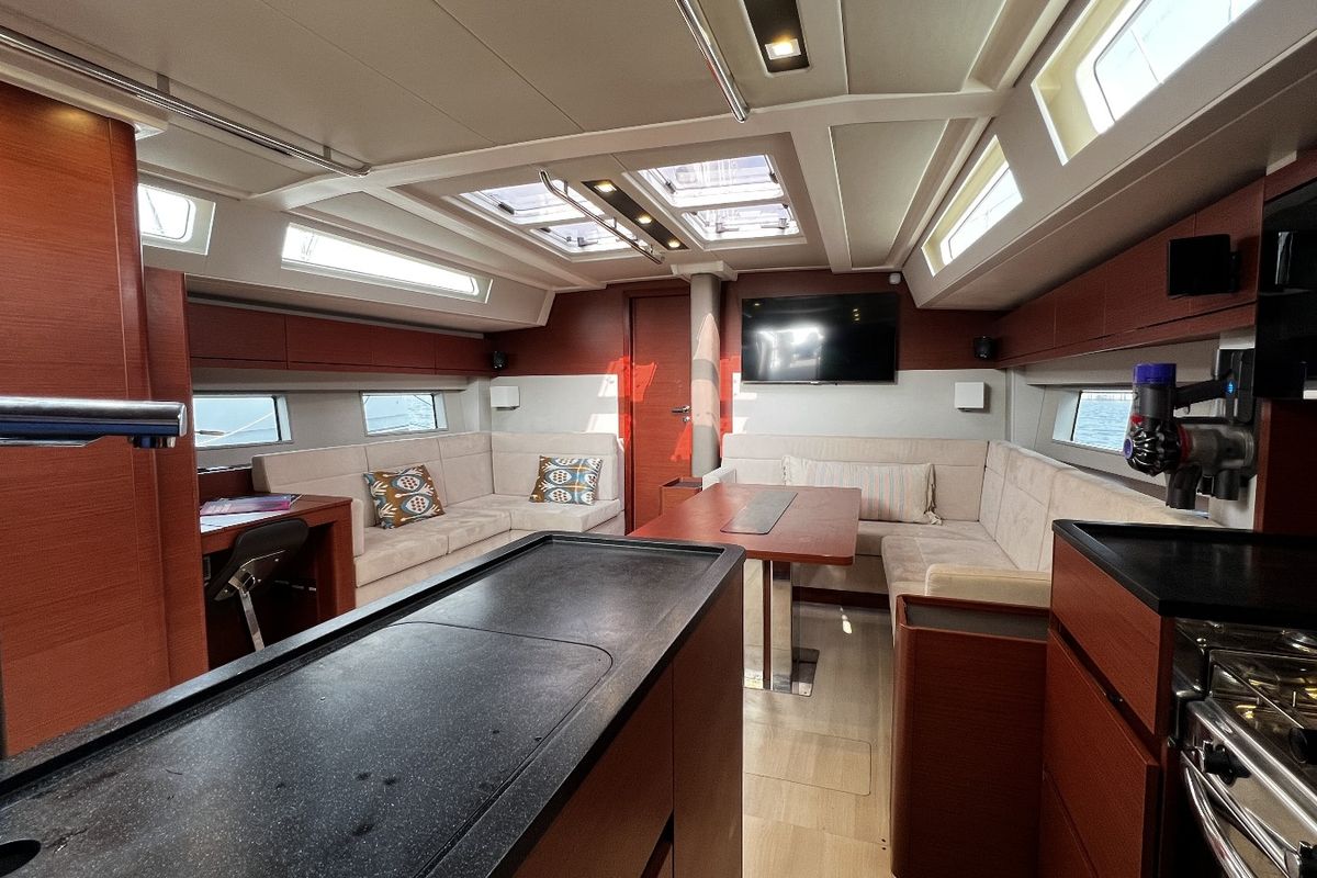Salon of MiR, a Hanse Yachts Hanse 548 sailboat at Fethiye, Turkey