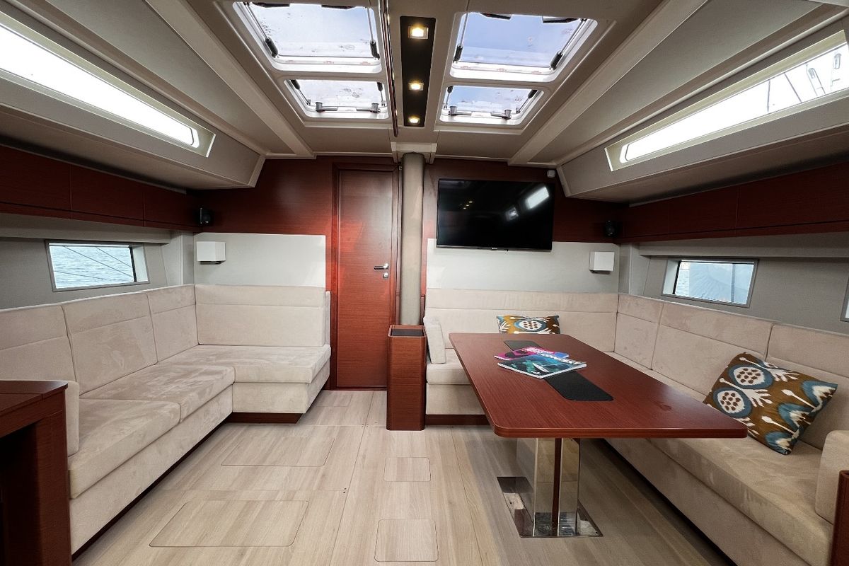 Salon of MiR, a Hanse Yachts Hanse 548 sailboat at Fethiye, Turkey