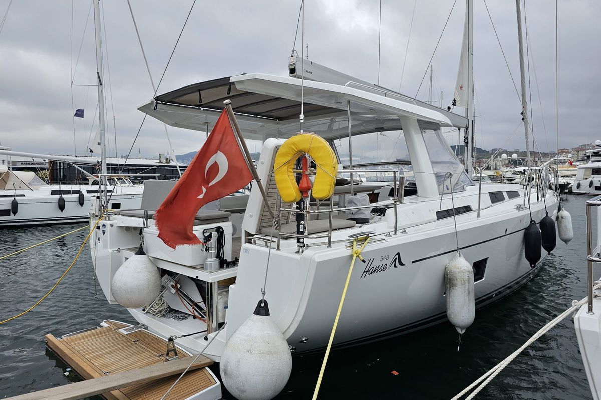Exterior view of MiR, a Hanse Yachts Hanse 548 sailboat at Fethiye, Turkey