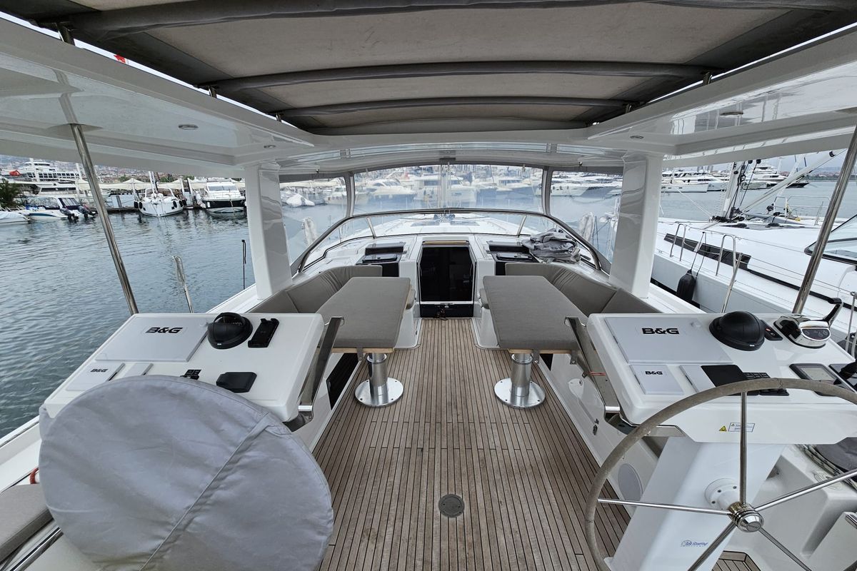Cockpit of MiR, a Hanse Yachts Hanse 548 sailboat at Fethiye, Turkey