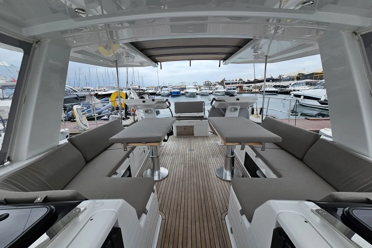 Deck of MiR, a Hanse Yachts Hanse 548 sailboat at Fethiye, Turkey