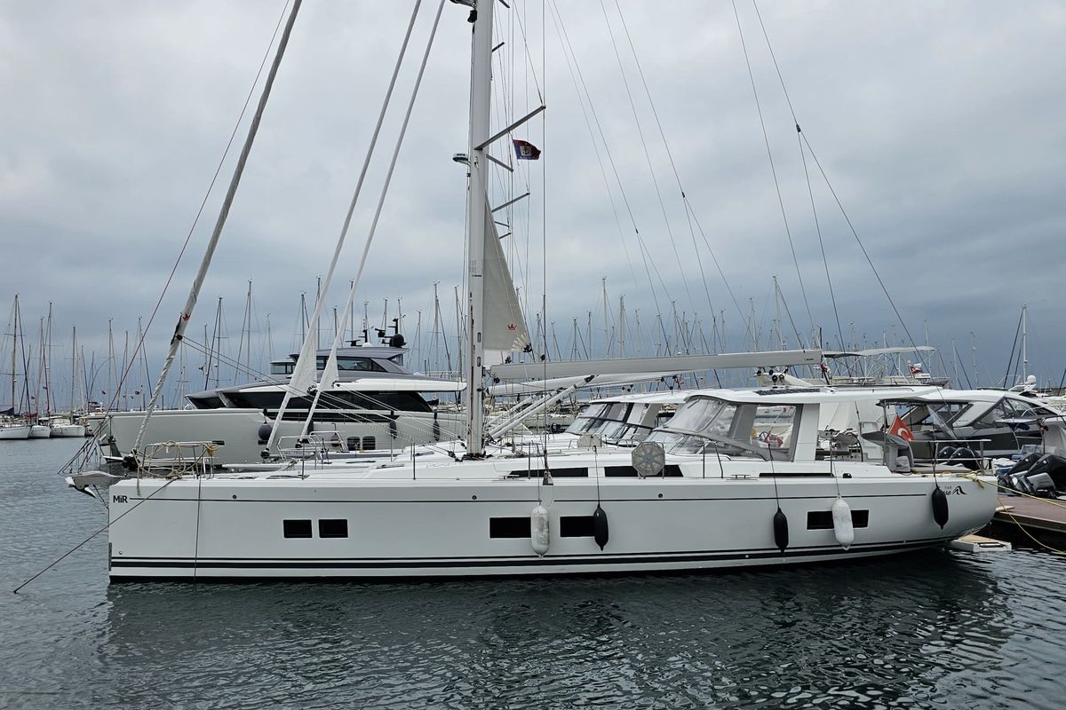 Exterior view of MiR, a Hanse Yachts Hanse 548 sailboat at Fethiye, Turkey