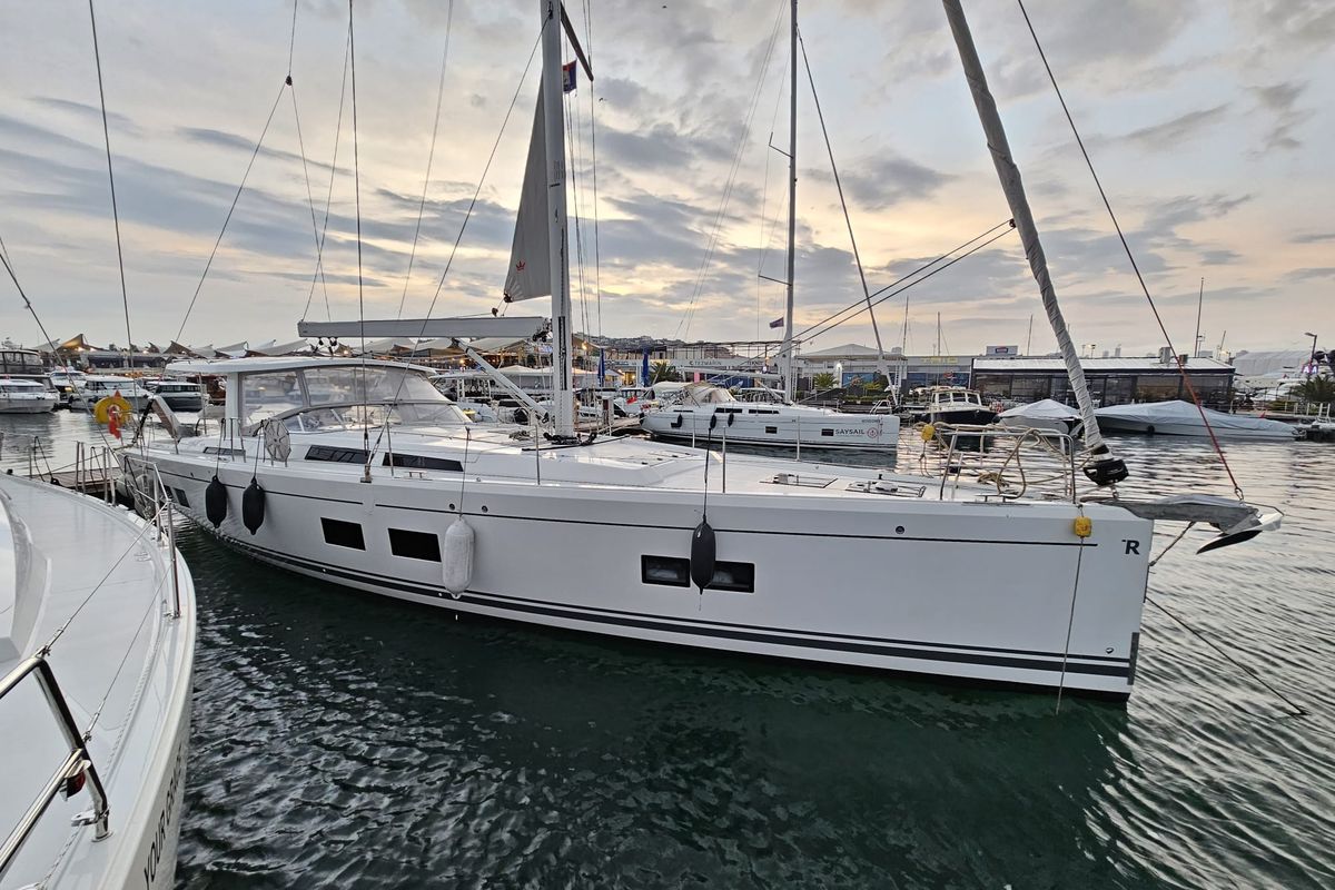 Exterior view of MiR, a Hanse Yachts Hanse 548 sailboat at Fethiye, Turkey