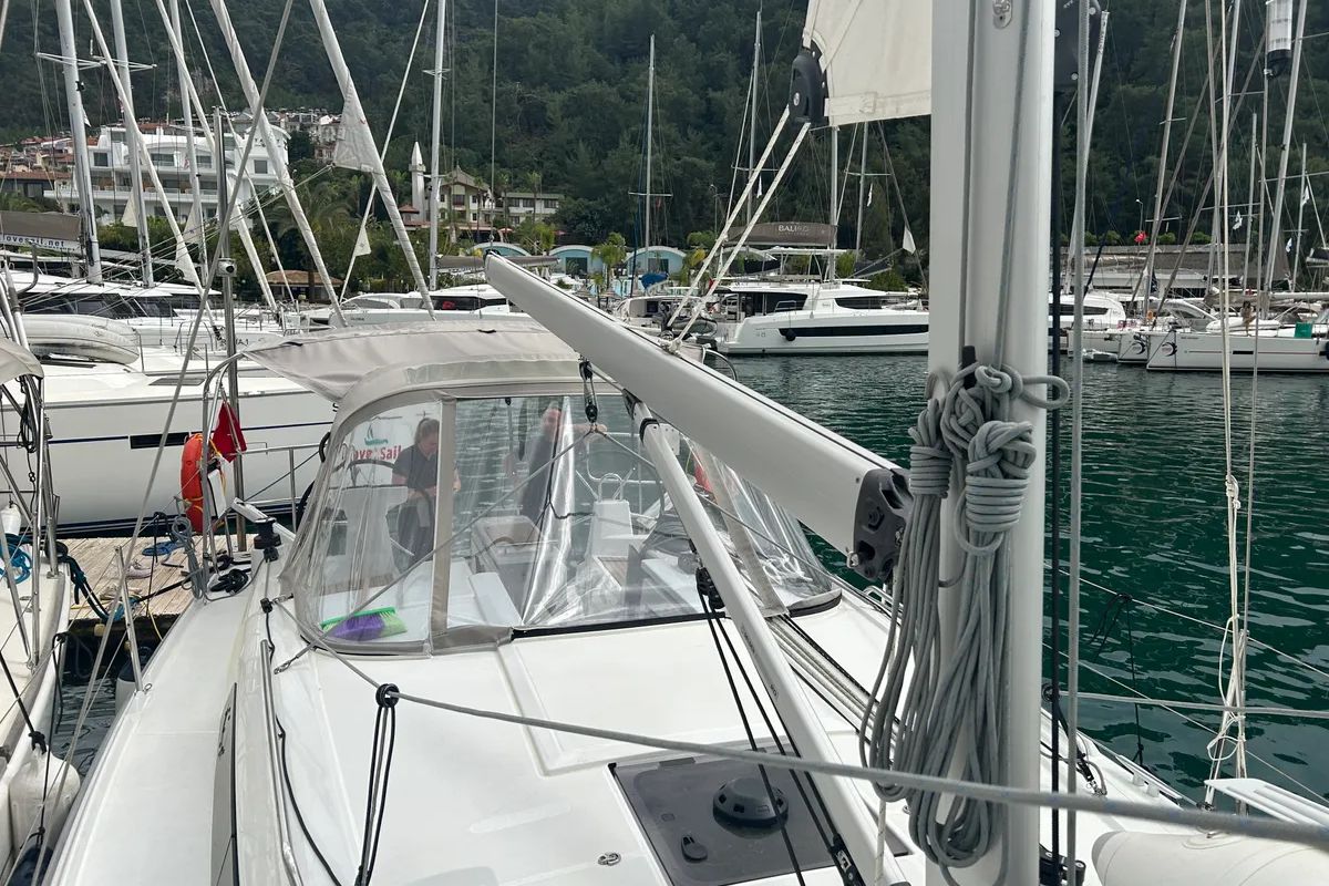 Deck of Stella, a Beneteau Oceanis 34.1 sailboat at Fethiye, Turkey