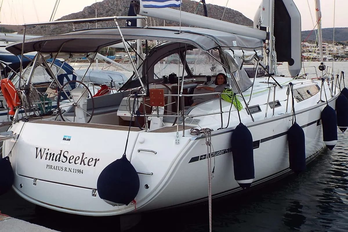 Exterior view of Windseeker, a Bavaria 51 Cruiser sailboat at Athens, Greece