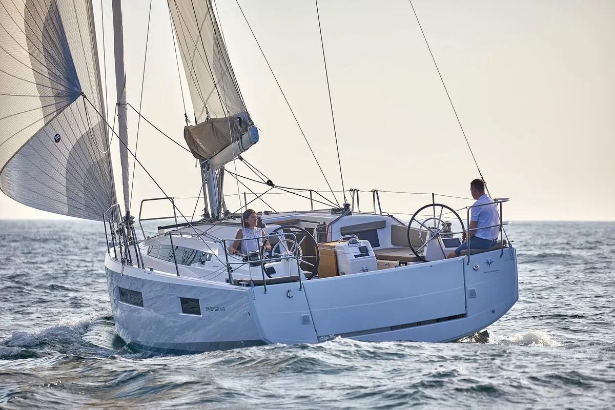 Exterior view of GAIA, a Jeanneau Sun Odyssey 410 sailboat at Municipal Unit of Lefkada, Greece