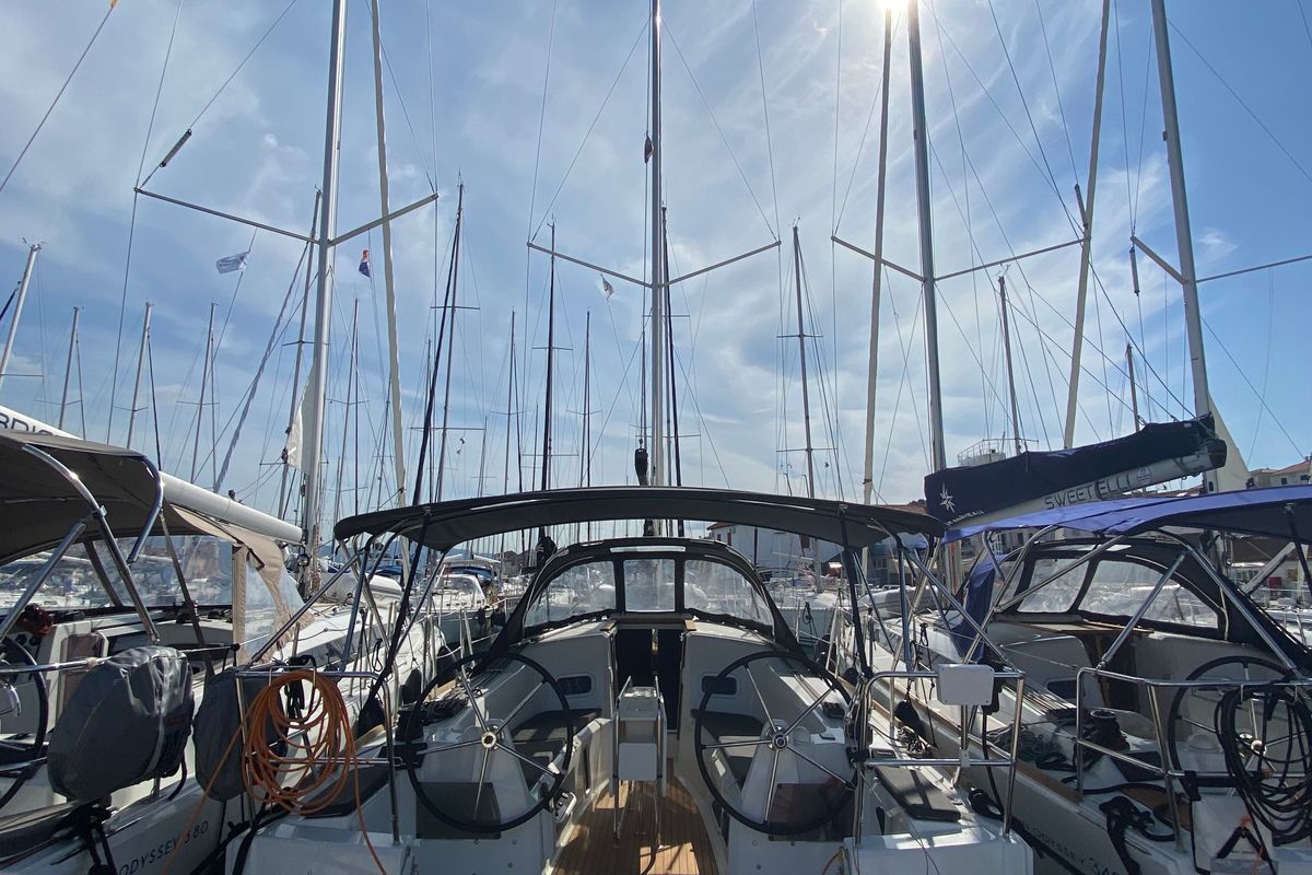 Cockpit of Petit Elli, a Jeanneau Sun Odyssey 349 sailboat at Grad Trogir, Croatia