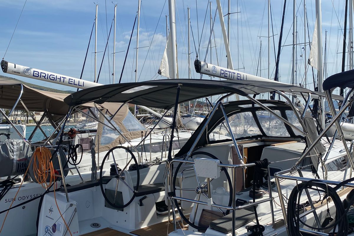 Cockpit of Petit Elli, a Jeanneau Sun Odyssey 349 sailboat at Grad Trogir, Croatia