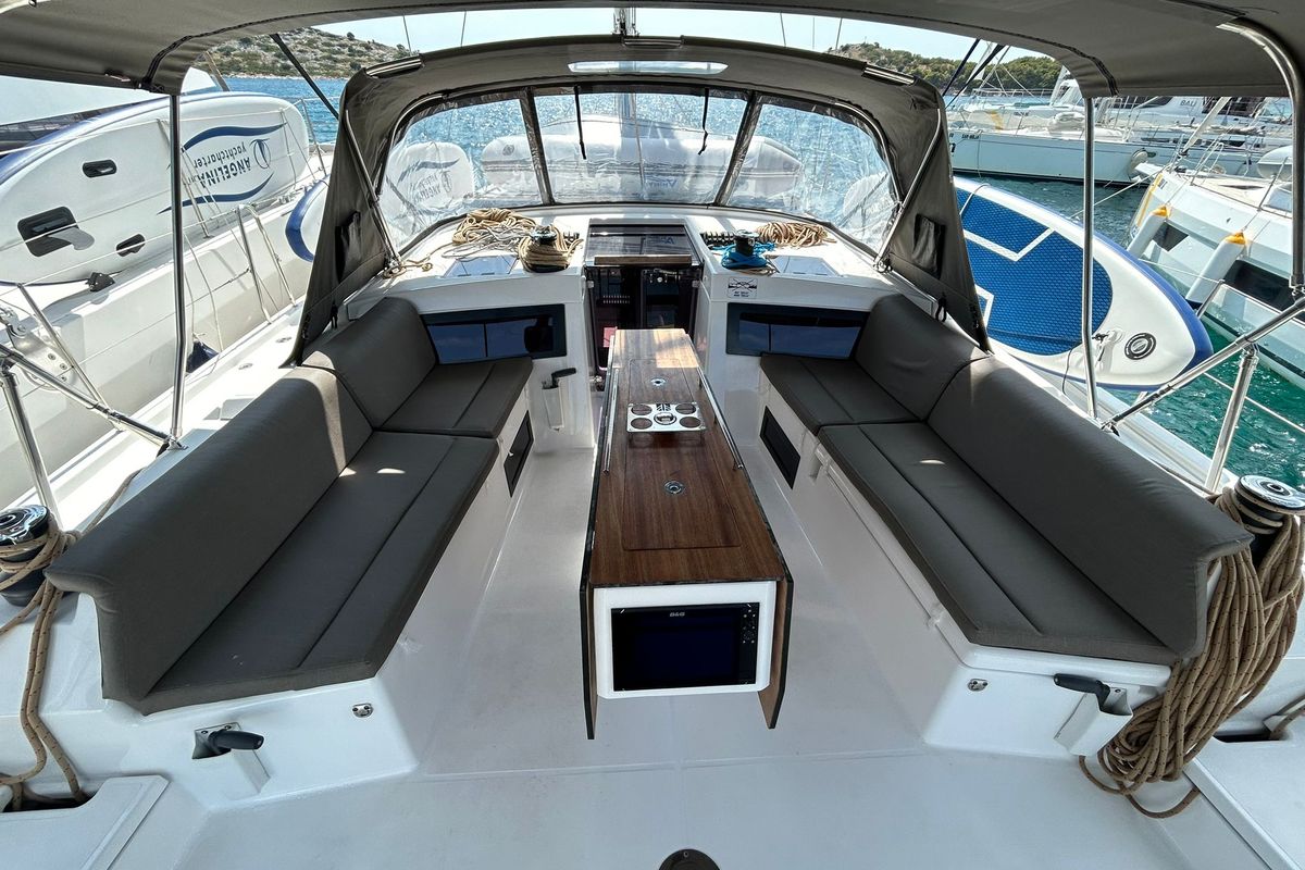 Deck of Nausea, a Dufour 470 sailboat at Grad Vodice, Croatia