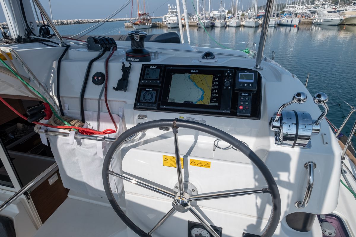 Cockpit of Meliti, a Lagoon 40 catamaran at Municipal Unit of Lefkada, Greece
