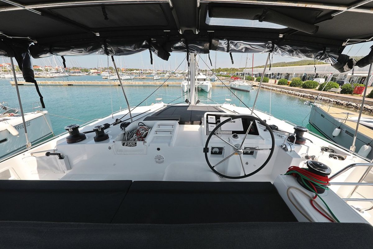 Cockpit of Hot Stuff, a Lagoon 450 F catamaran at Općina Sukošan, Croatia