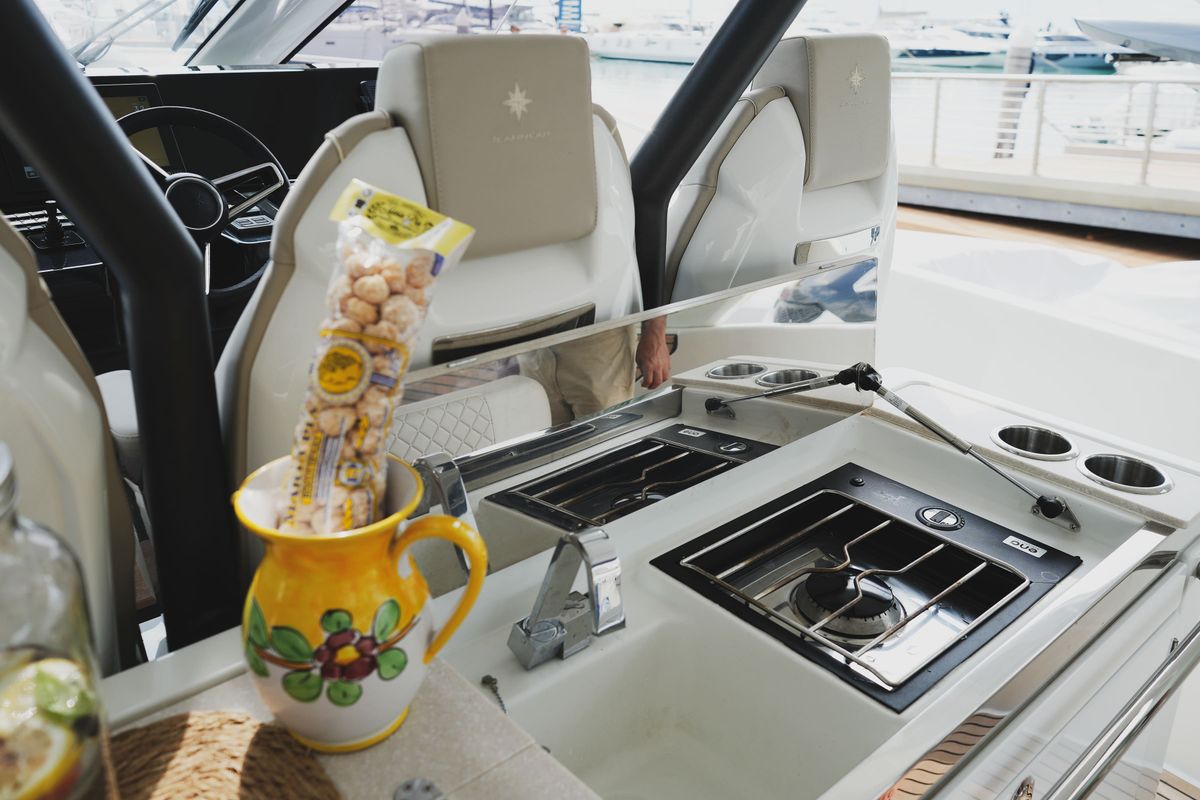 Deck of Fabiana, a Prestige 520 motorboat at Pozzuoli, Italy