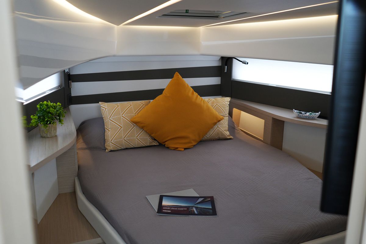 Cabin on Fabiana, a Prestige 520 motorboat at Pozzuoli, Italy