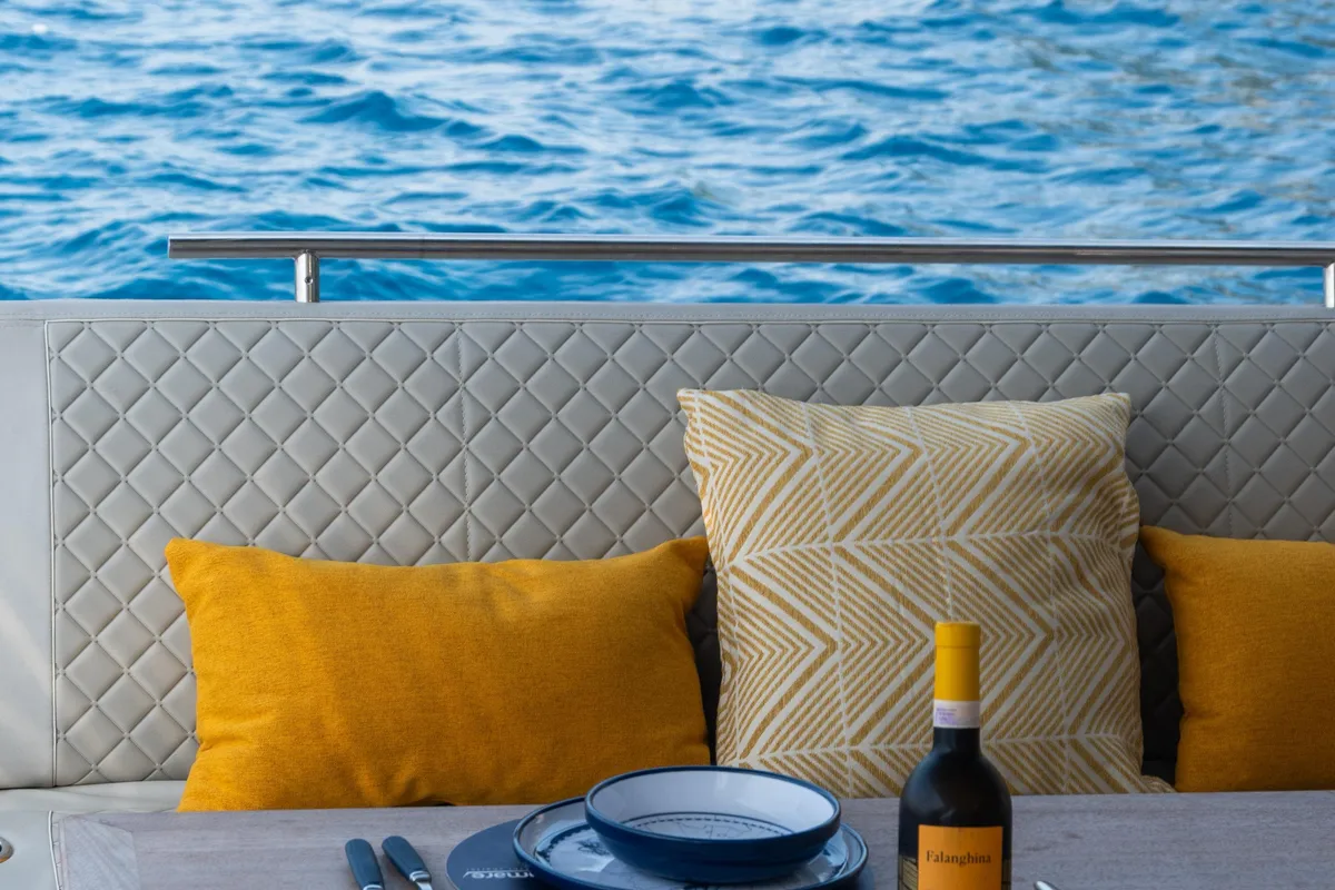 Deck of Fabiana, a Prestige 520 motorboat at Pozzuoli, Italy