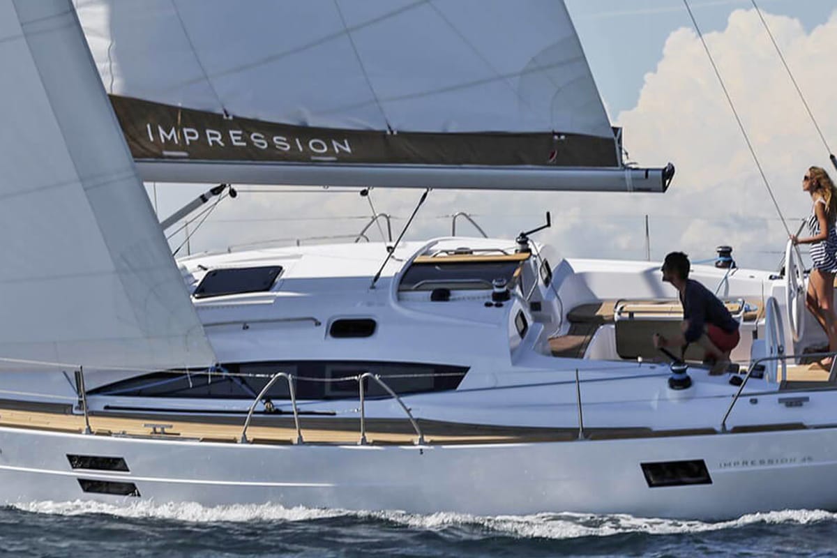 Exterior view of Mirakul, a Elan Impression 45 sailboat at Grad Vodice, Croatia