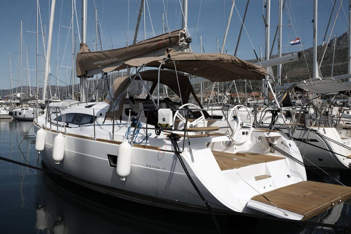 Exterior view of Mirakul, a Elan Impression 45 sailboat at Grad Vodice, Croatia