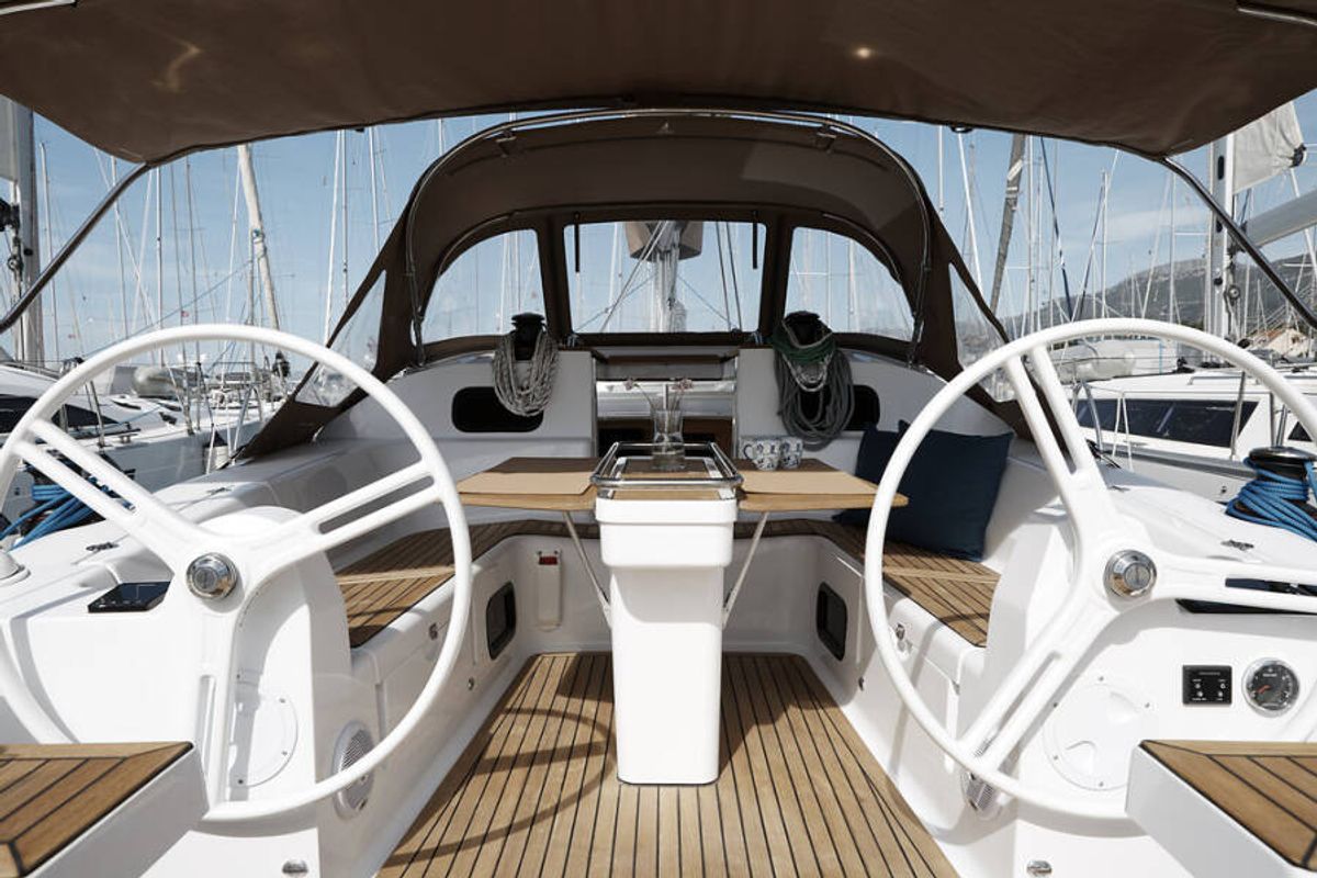 Cockpit of Mirakul, a Elan Impression 45 sailboat at Grad Vodice, Croatia