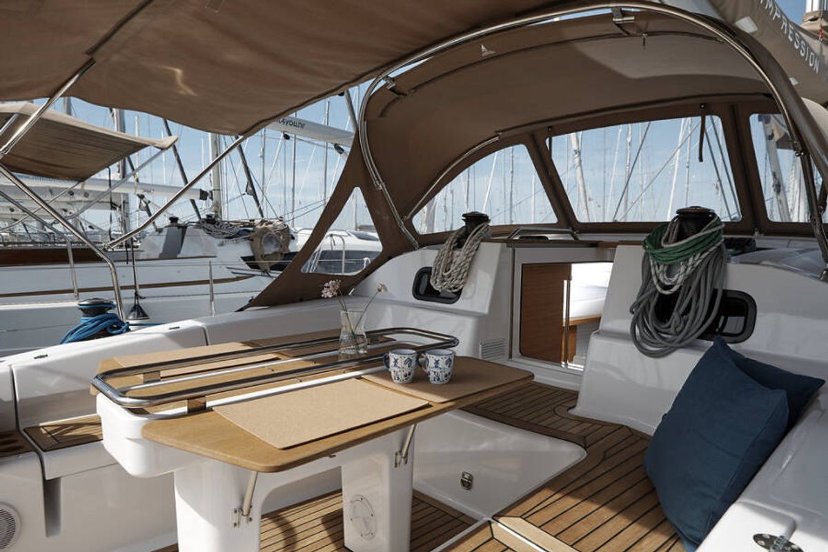 Deck of Mirakul, a Elan Impression 45 sailboat at Grad Vodice, Croatia