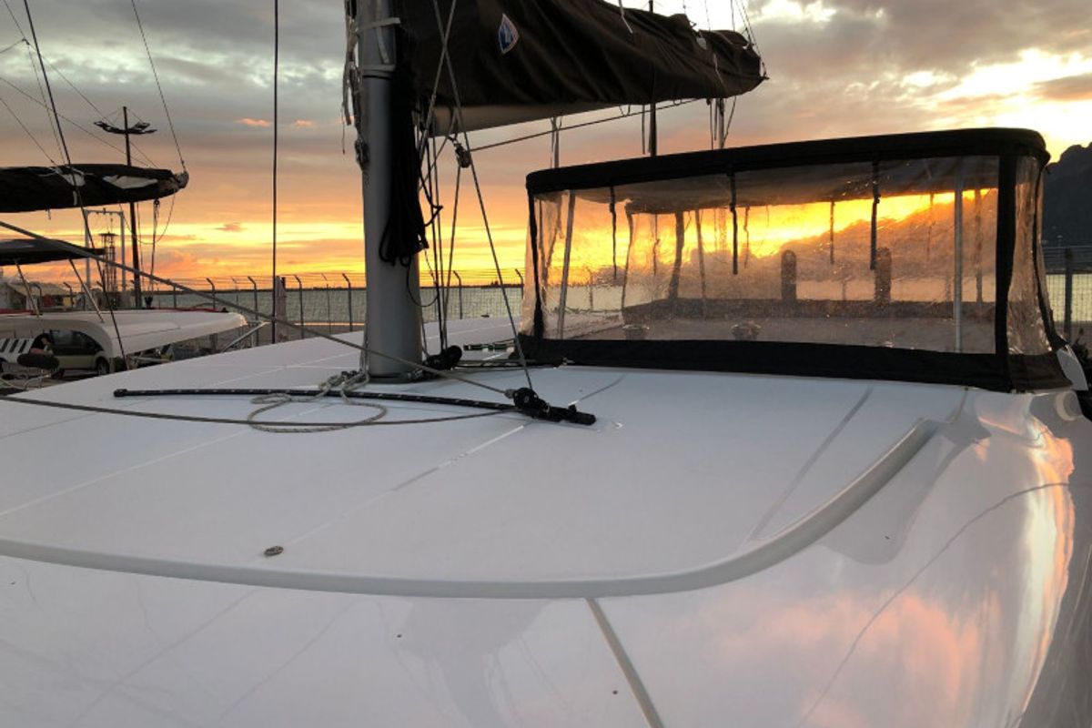 Deck of Marepiatto, a Lagoon 42 catamaran at Salerno, Italy