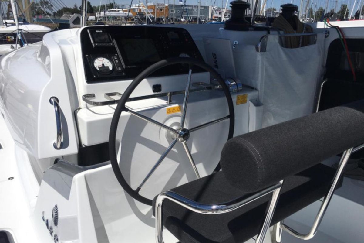 Cockpit of Marepiatto, a Lagoon 42 catamaran at Salerno, Italy