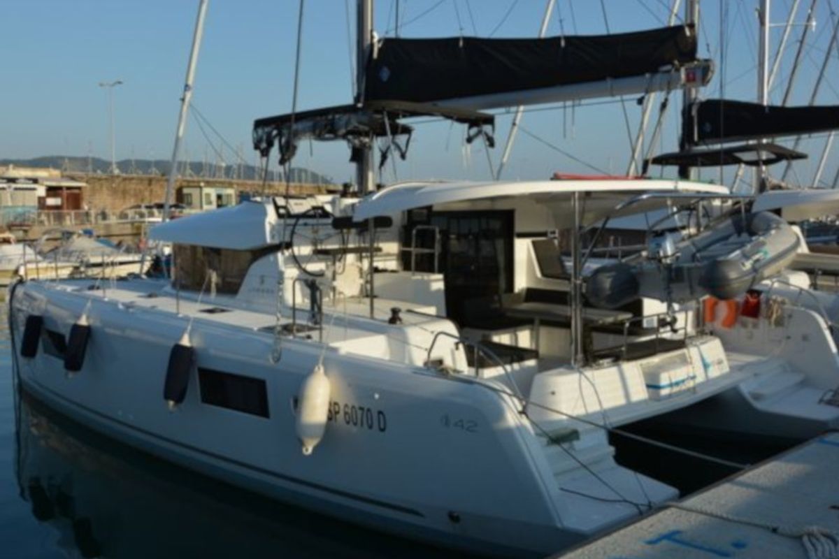 Exterior view of Marepiatto, a Lagoon 42 catamaran at Salerno, Italy