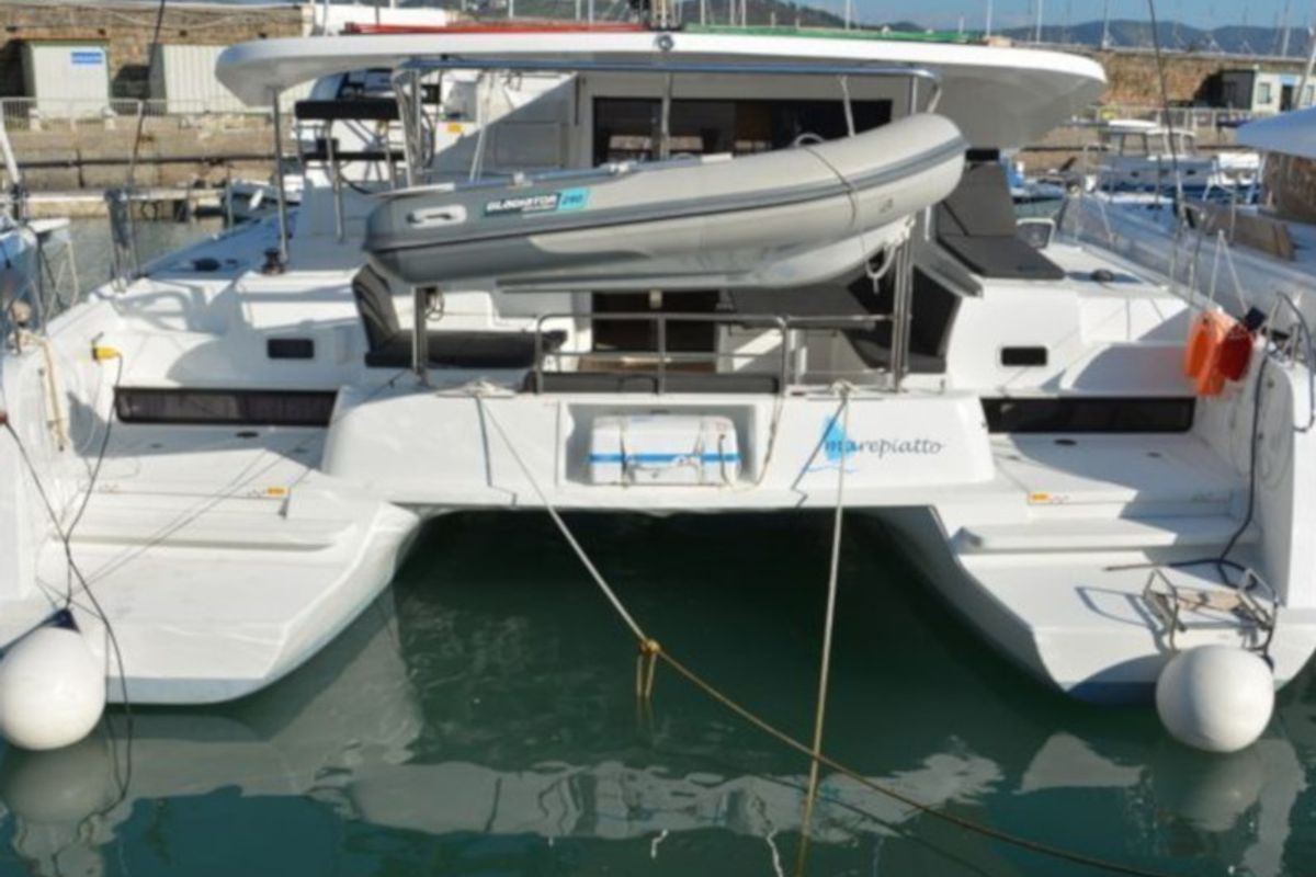 Exterior view of Marepiatto, a Lagoon 42 catamaran at Salerno, Italy