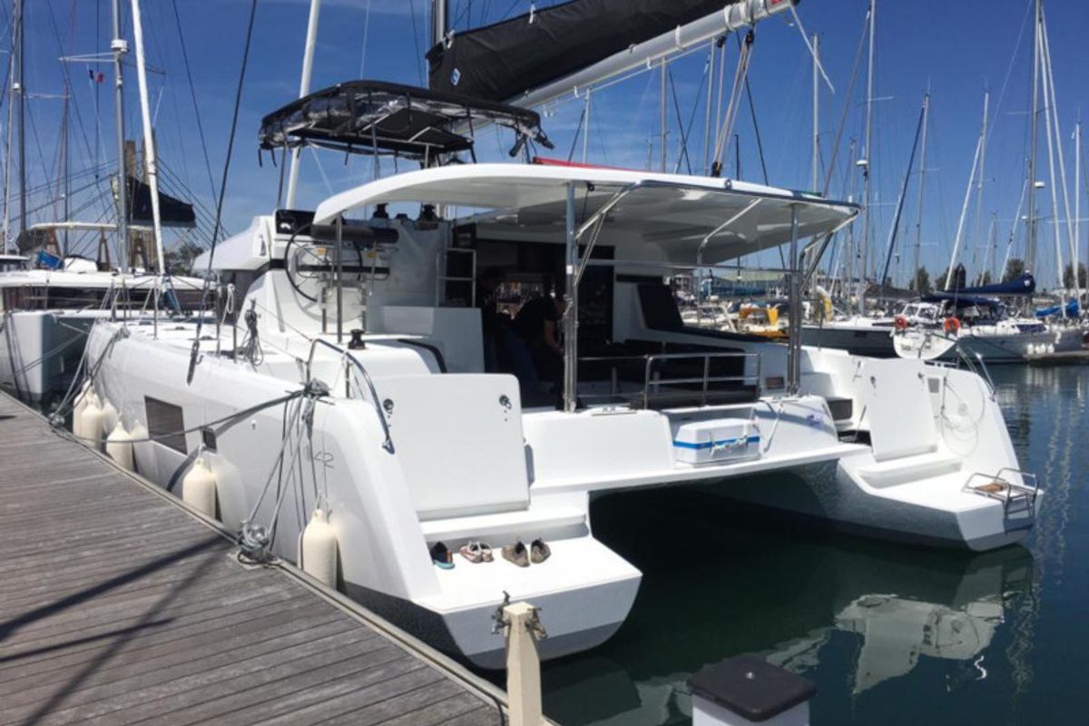 Exterior view of Marepiatto, a Lagoon 42 catamaran at Salerno, Italy
