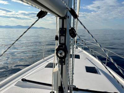 Deck of SIROCO, a Bavaria C42 sailboat at Pylos, Greece