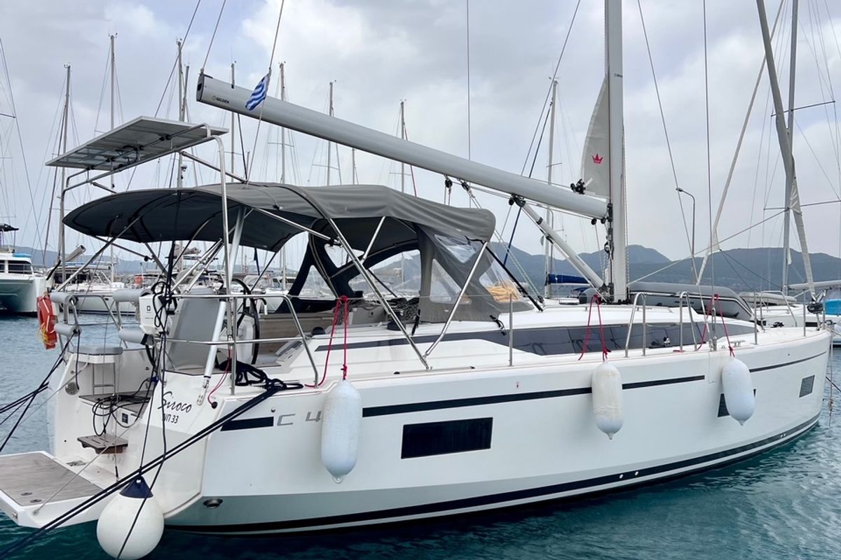 Exterior view of SIROCO, a Bavaria C42 sailboat at Pylos, Greece
