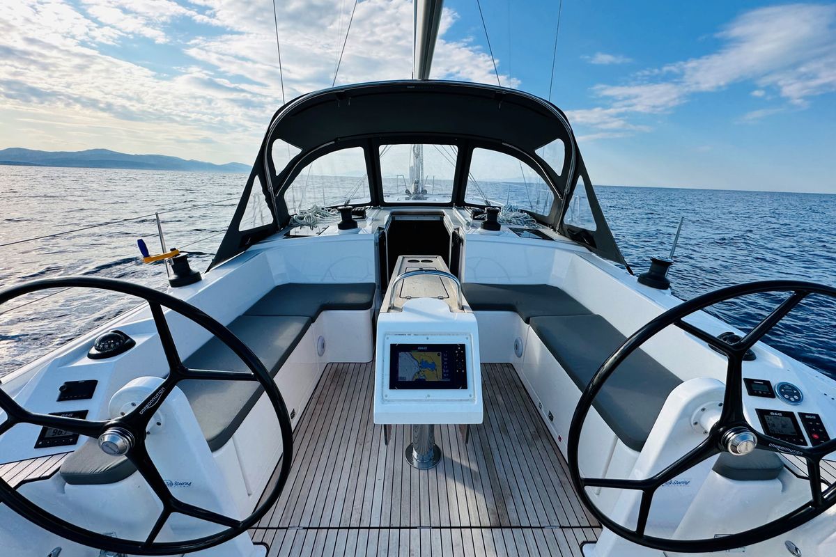 Cockpit of SIROCO, a Bavaria C42 sailboat at Pylos, Greece