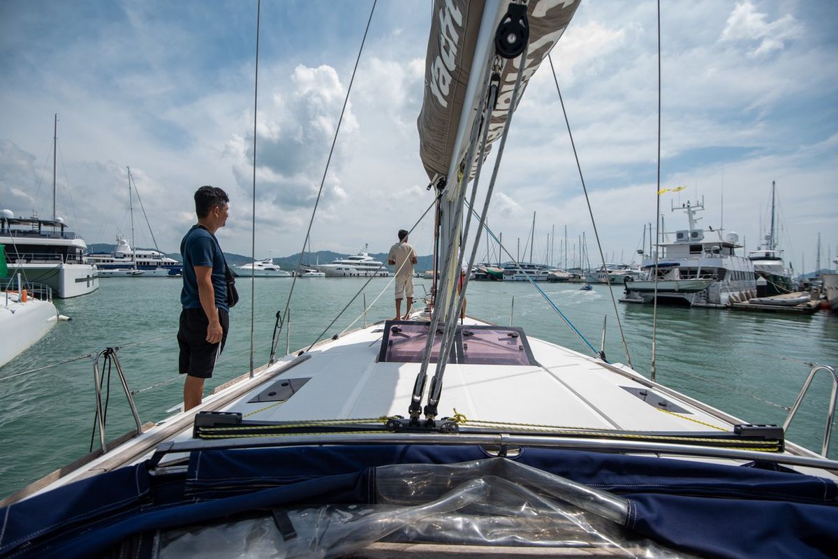 Deck of Aurora Belle, a Jeanneau Sun Odyssey 469 sailboat at Mai Khao, Thailand