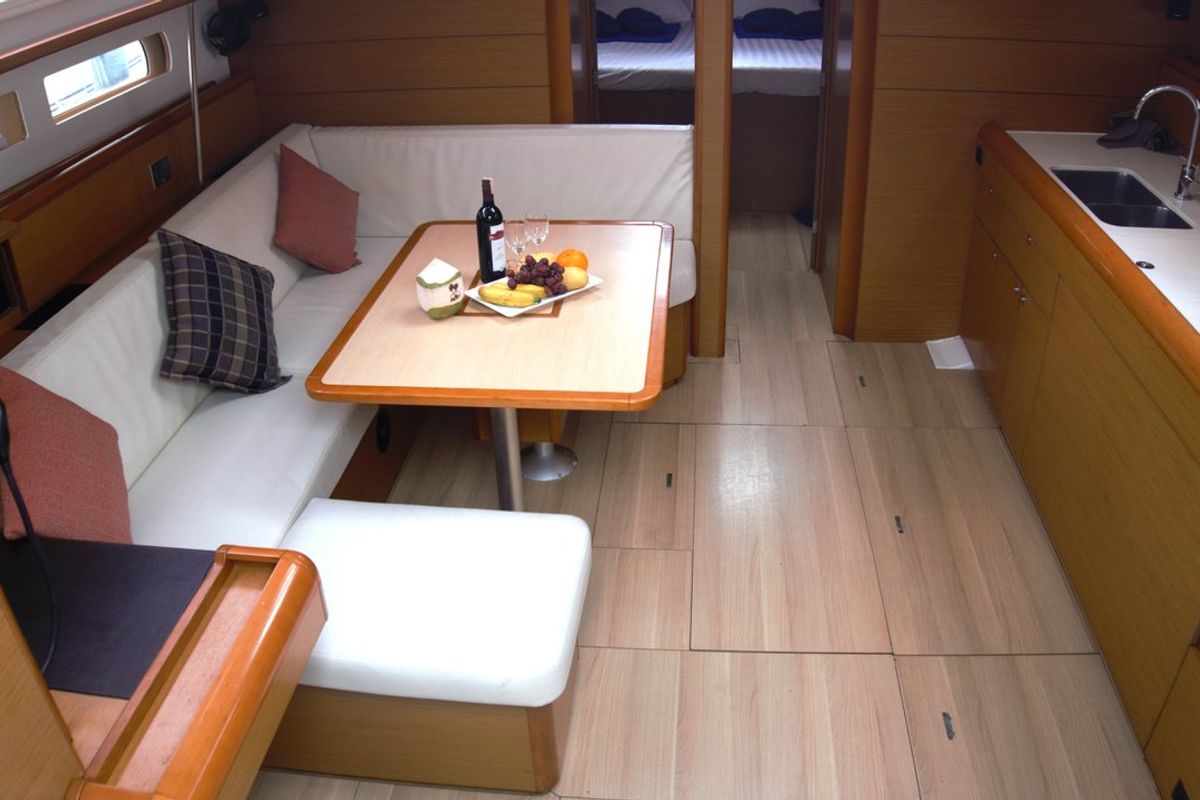 Salon of Aurora Belle, a Jeanneau Sun Odyssey 469 sailboat at Mai Khao, Thailand