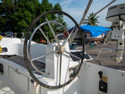 Cockpit of Aurora Belle, a Jeanneau Sun Odyssey 469 sailboat at Mai Khao, Thailand