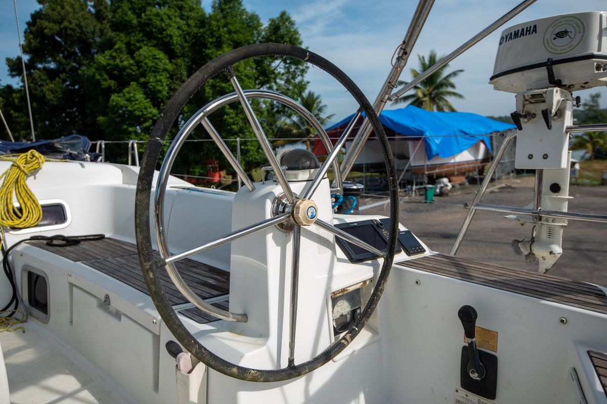 Cockpit of Aurora Belle, a Jeanneau Sun Odyssey 469 sailboat at Mai Khao, Thailand