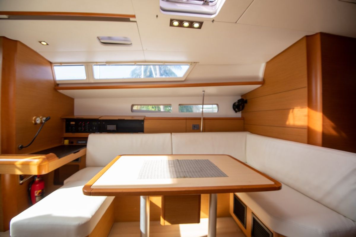 Salon of Aurora Belle, a Jeanneau Sun Odyssey 469 sailboat at Mai Khao, Thailand