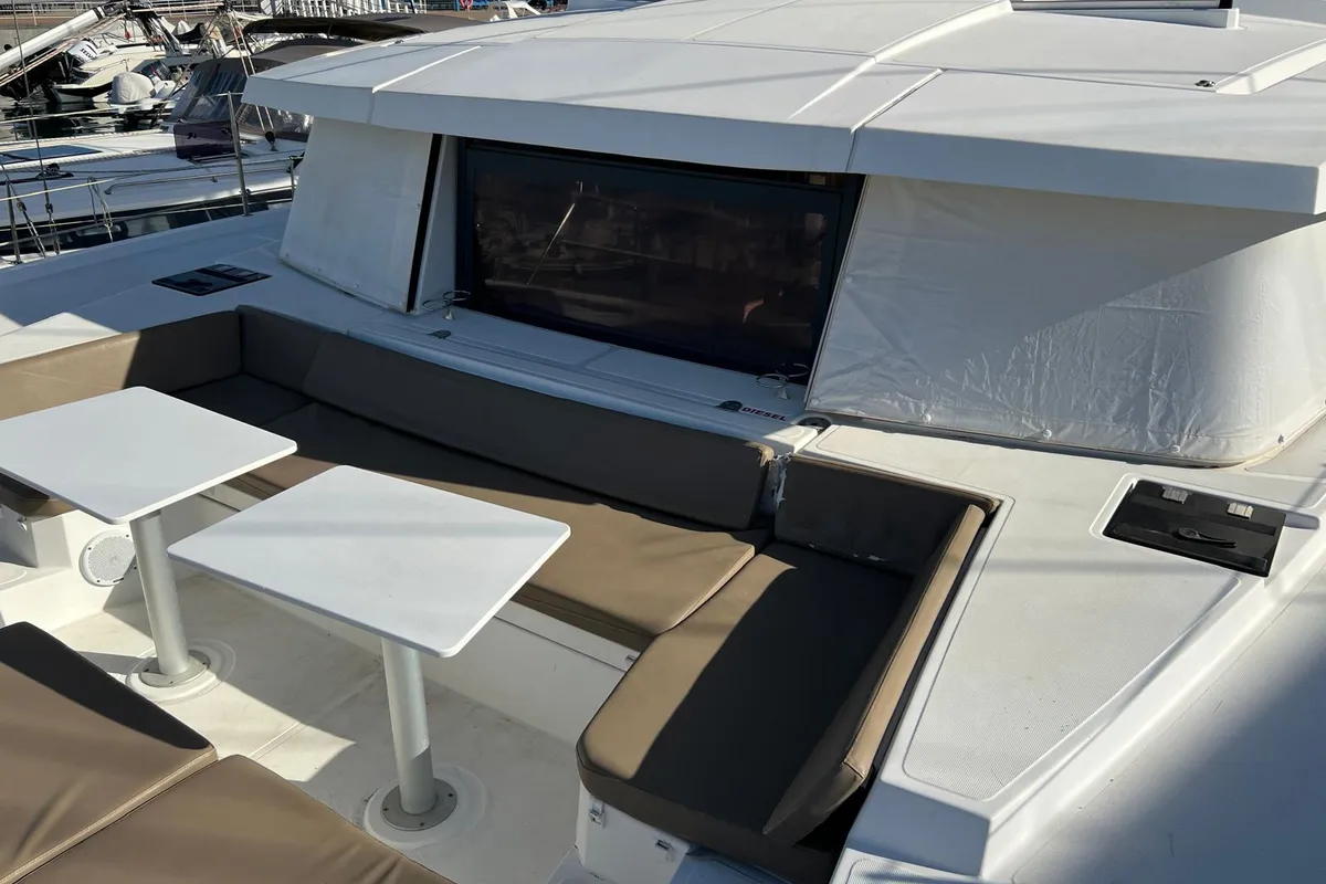 Deck of Paola, a Bali 4.1 catamaran at Capo d'Orlando, Italy