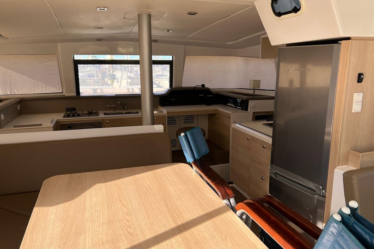 Salon of Paola, a Bali 4.1 catamaran at Capo d'Orlando, Italy