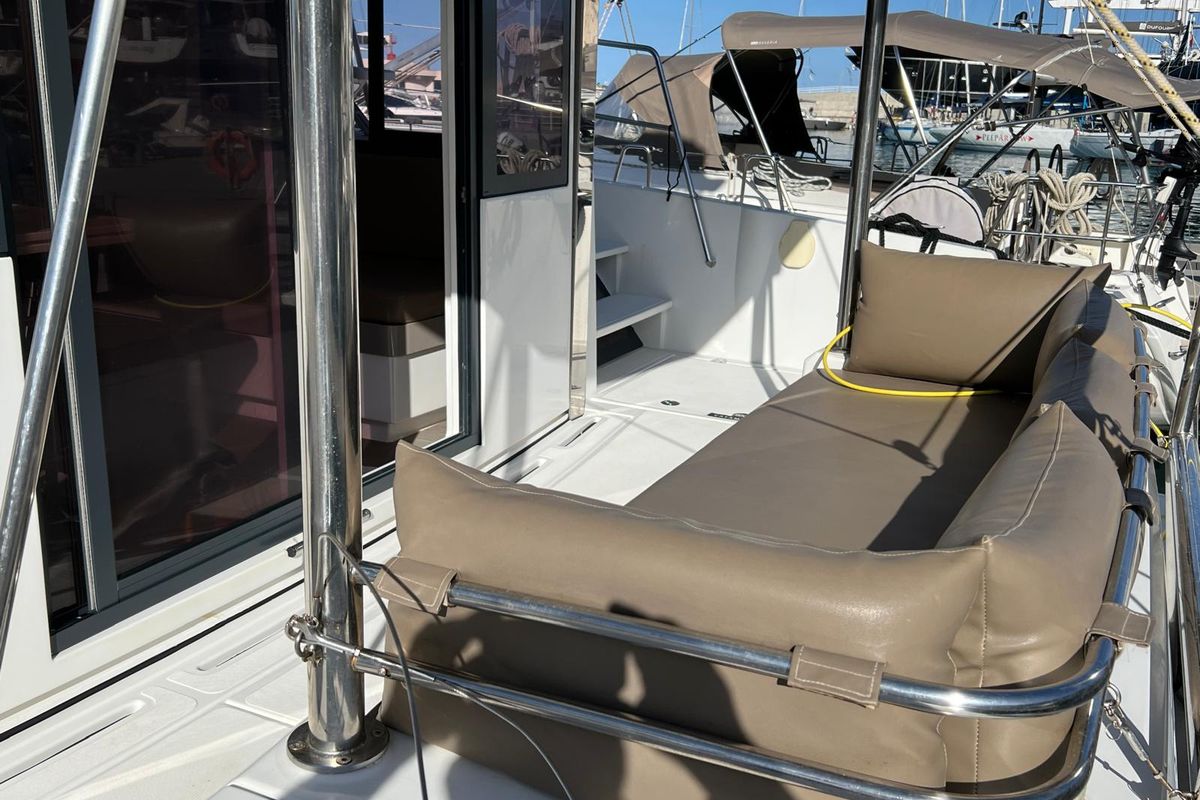 Deck of Paola, a Bali 4.1 catamaran at Capo d'Orlando, Italy