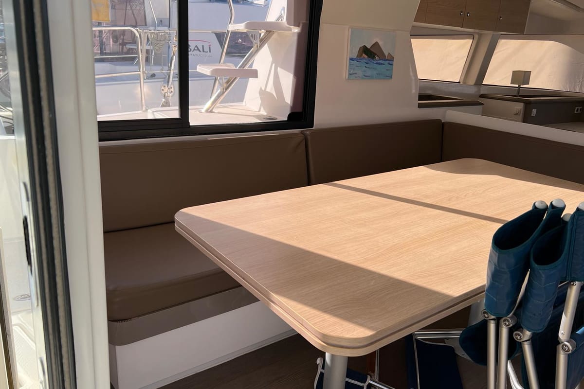 Salon of Paola, a Bali 4.1 catamaran at Capo d'Orlando, Italy