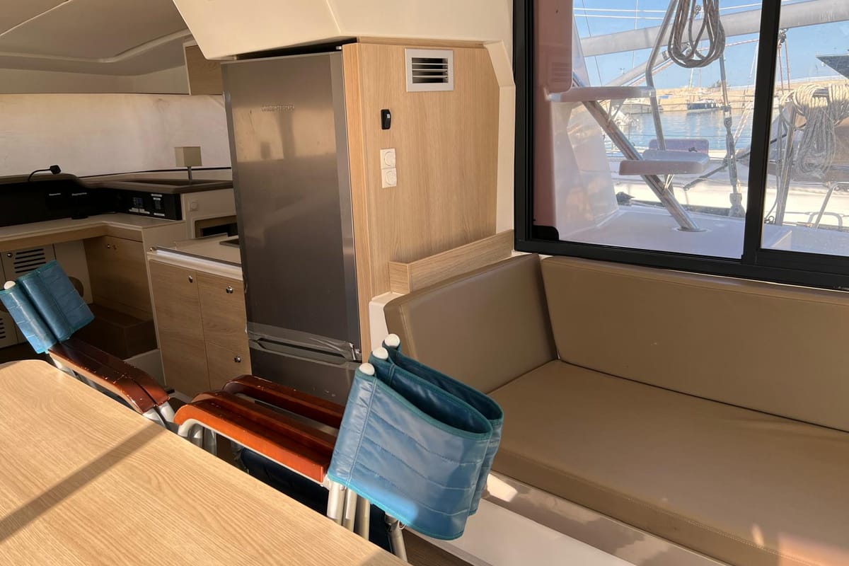 Salon of Paola, a Bali 4.1 catamaran at Capo d'Orlando, Italy
