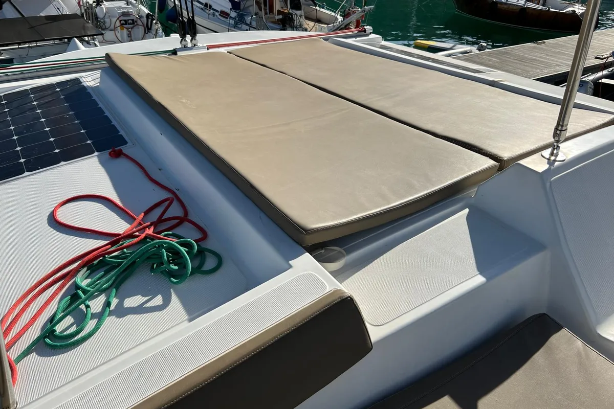 Deck of Paola, a Bali 4.1 catamaran at Capo d'Orlando, Italy