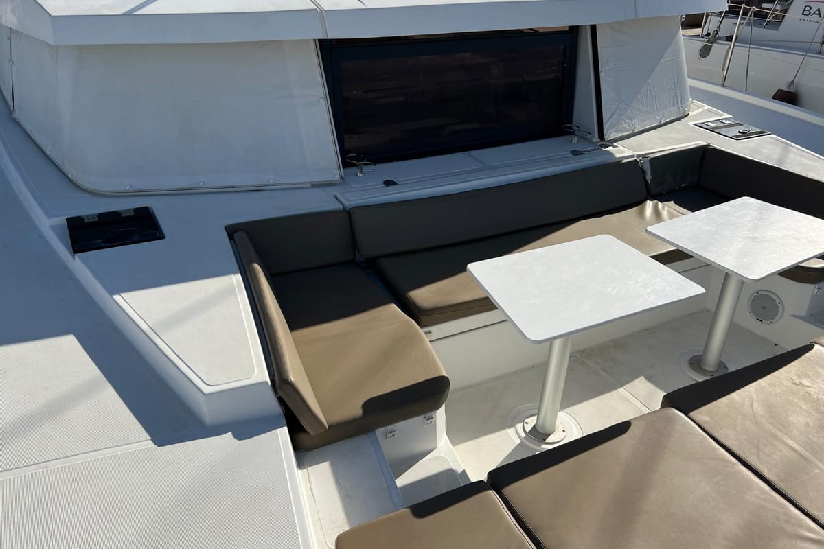 Deck of Paola, a Bali 4.1 catamaran at Capo d'Orlando, Italy