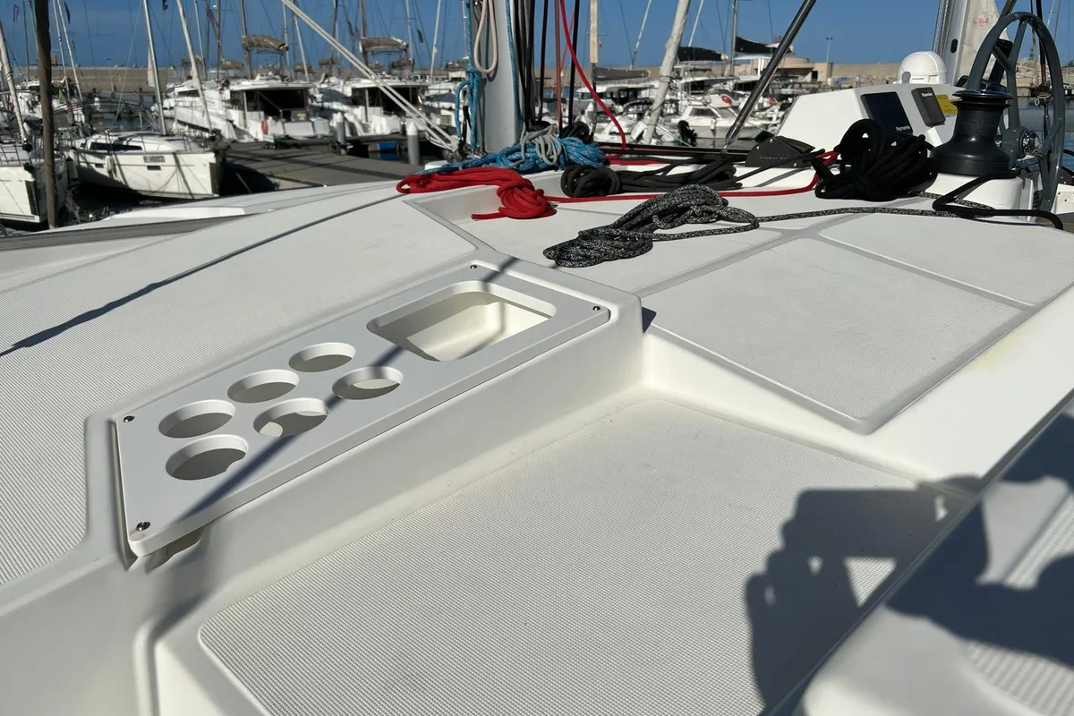 Deck of Paola, a Bali 4.1 catamaran at Capo d'Orlando, Italy