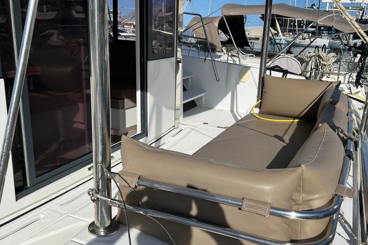 Deck of Paola, a Bali 4.1 catamaran at Capo d'Orlando, Italy